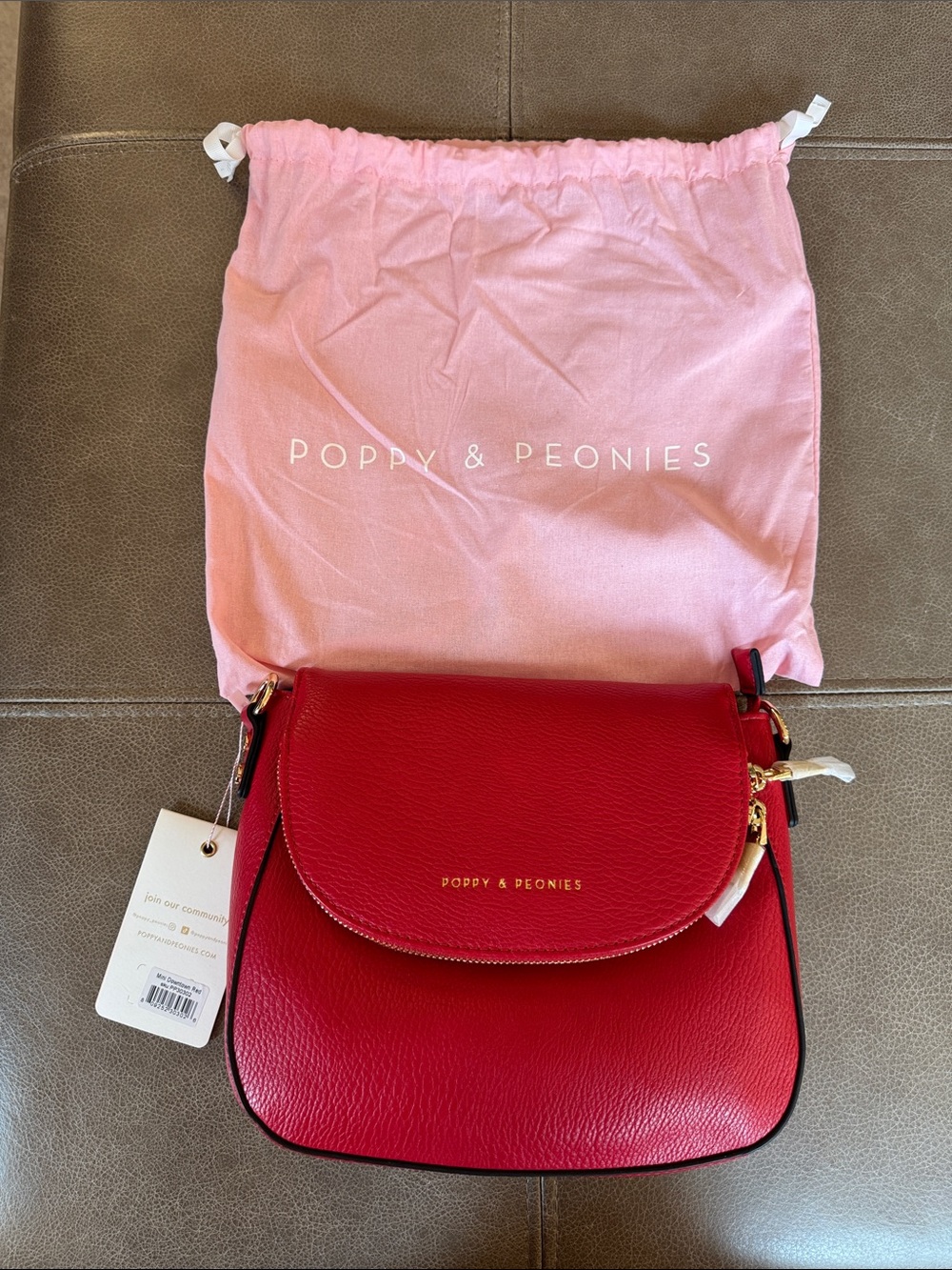 Poppy & Peonies Red Pebbled Leather Crossbody with Gold Hardware